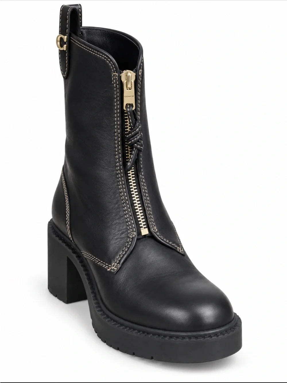 Coach Liza Black Leather Zip-Front Block Heel Ankle Boot with Heavy Chunky Sole